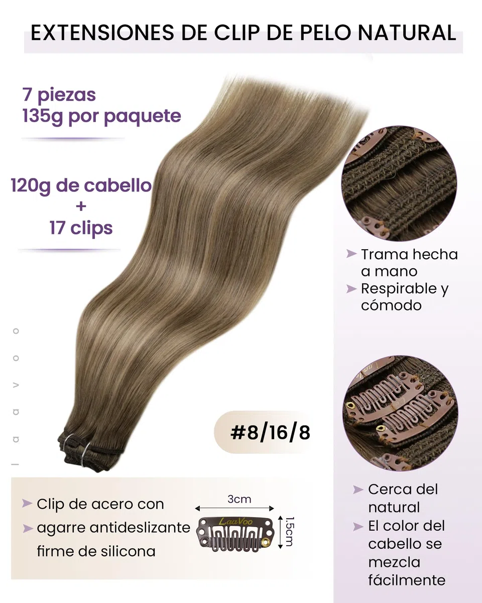 LaaVoo Extensiones de Clip de Pelo Natural Balayage Castaño Claro Extensiones Clip Castaño Claro Ombre Rubio Dorado Extensiones Pelo Natural Con Clip 45cm/18Pulgadas 7piezas/120g #8/16/8