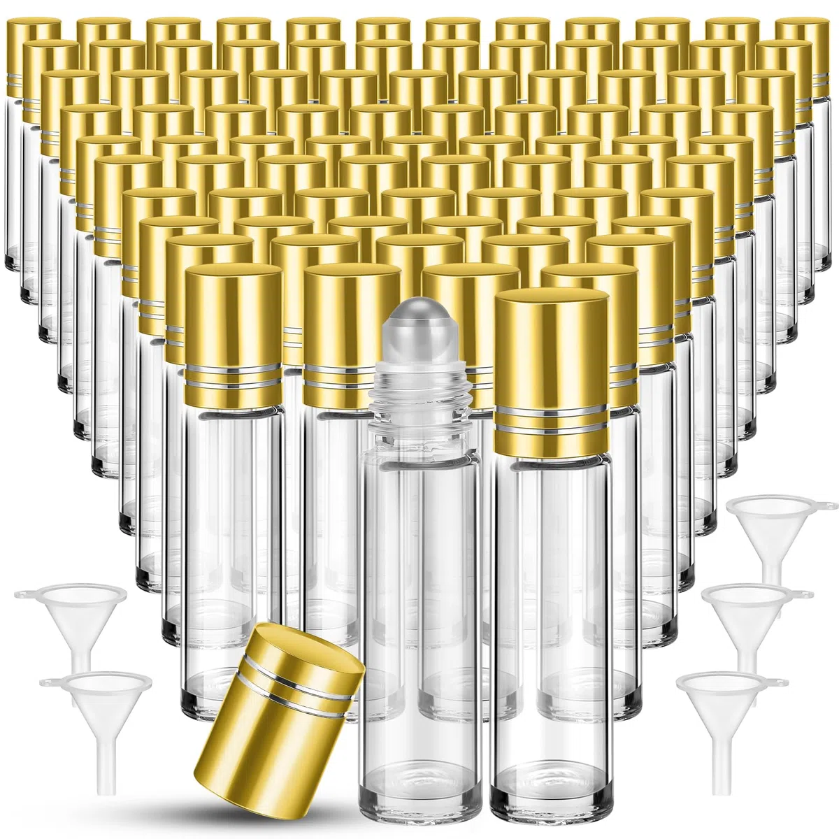 96 botellas de aceite esencial de 10 ml, botellas de vidrio vacías con protección de bolas de acero inoxidable, a prueba de fugas, con 5 embudos para viajes, perfume, brillo de labios