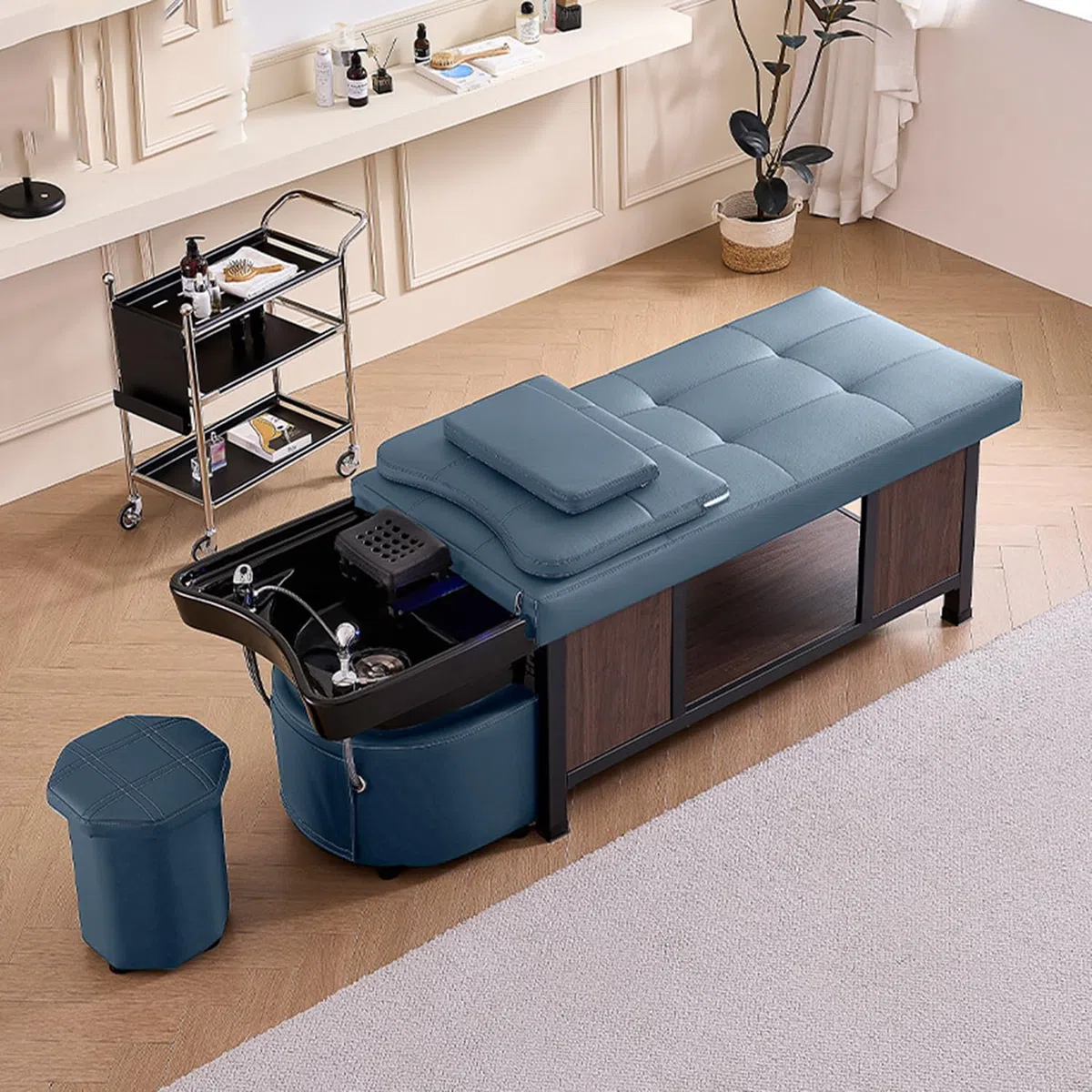 Equipo de spa para peluquería con champú, cama y cabezal, con fumigación y masaje por circulación de agua, cómodo reposacabezas azul.