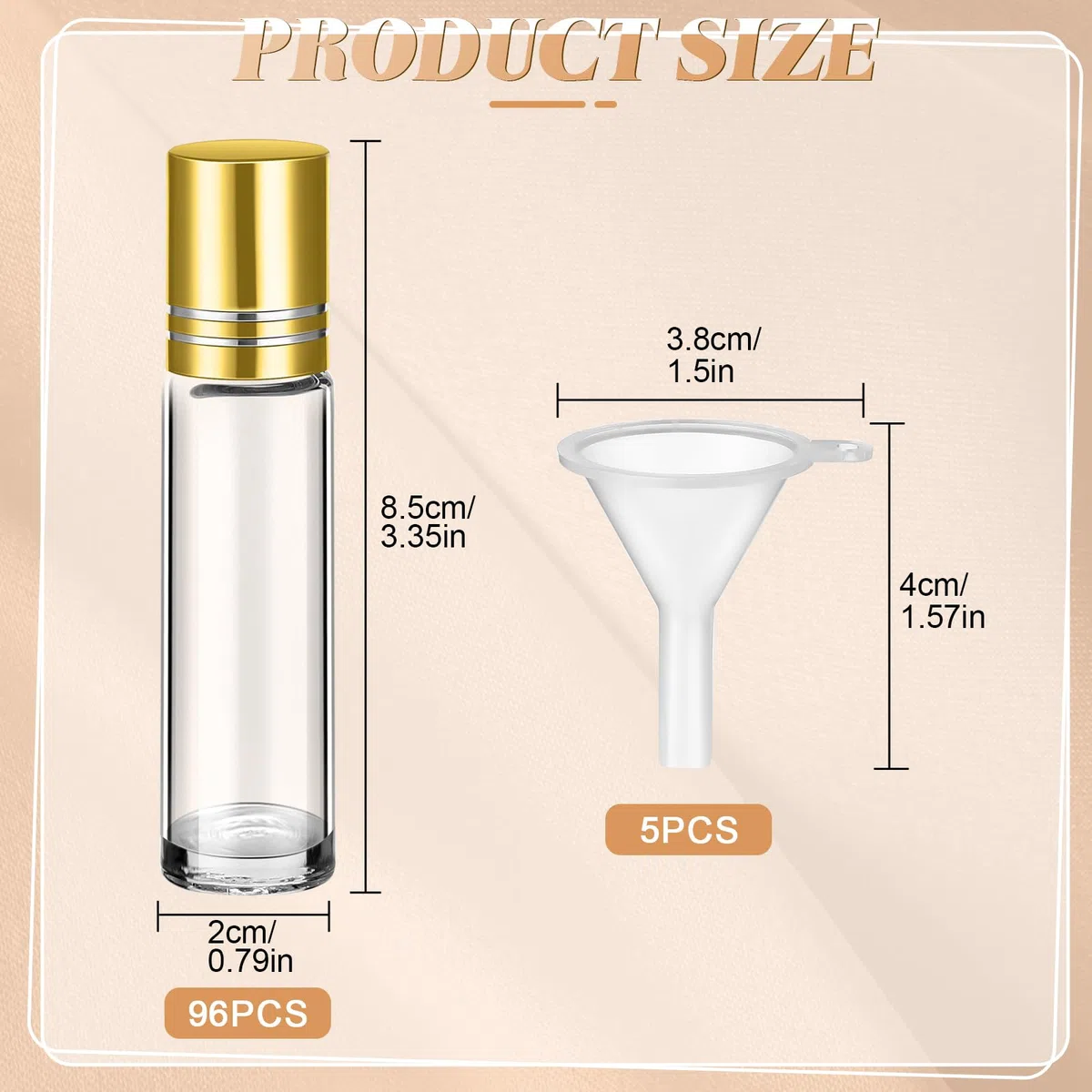 96 botellas de aceite esencial de 10 ml, botellas de vidrio vacías con protección de bolas de acero inoxidable, a prueba de fugas, con 5 embudos para viajes, perfume, brillo de labios