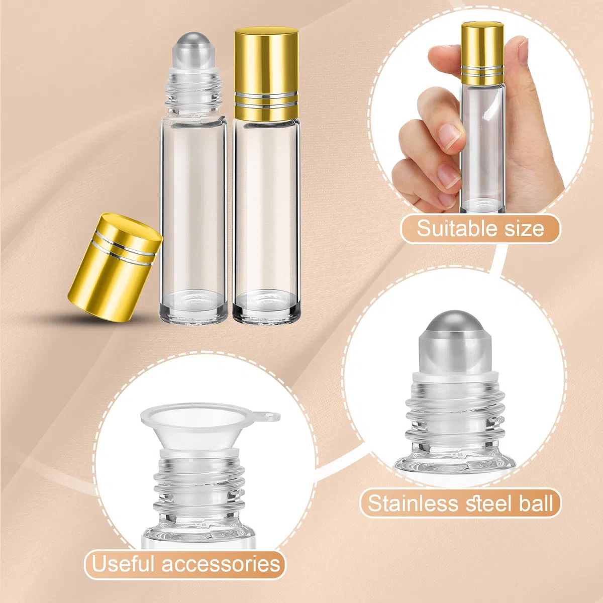 96 botellas de aceite esencial de 10 ml, botellas de vidrio vacías con protección de bolas de acero inoxidable, a prueba de fugas, con 5 embudos para viajes, perfume, brillo de labios