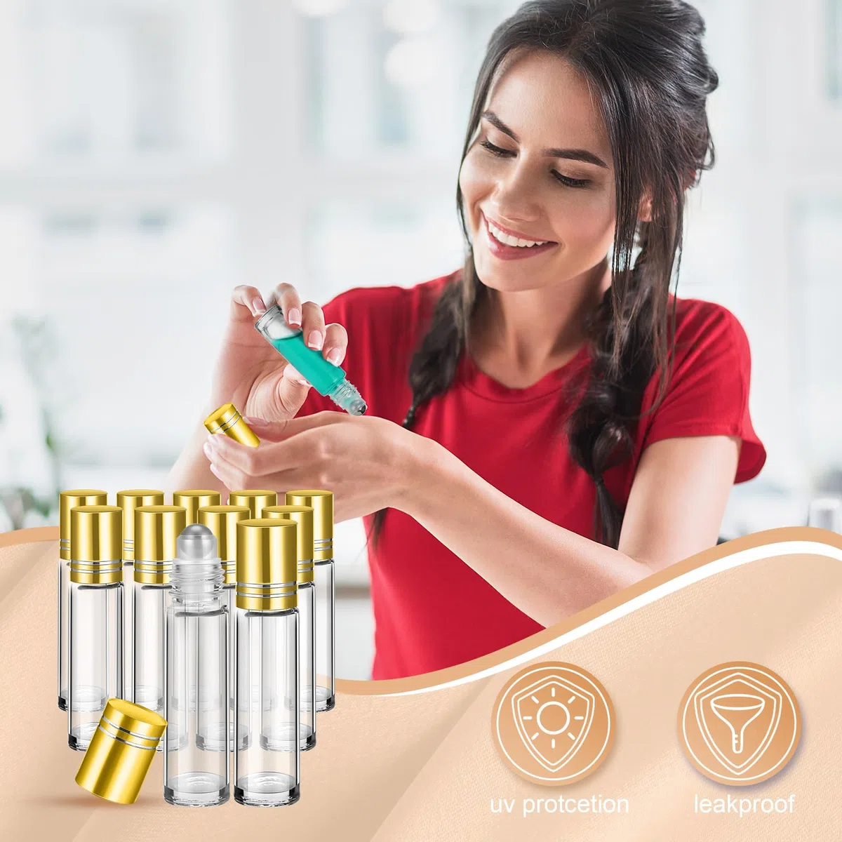 96 botellas de aceite esencial de 10 ml, botellas de vidrio vacías con protección de bolas de acero inoxidable, a prueba de fugas, con 5 embudos para viajes, perfume, brillo de labios