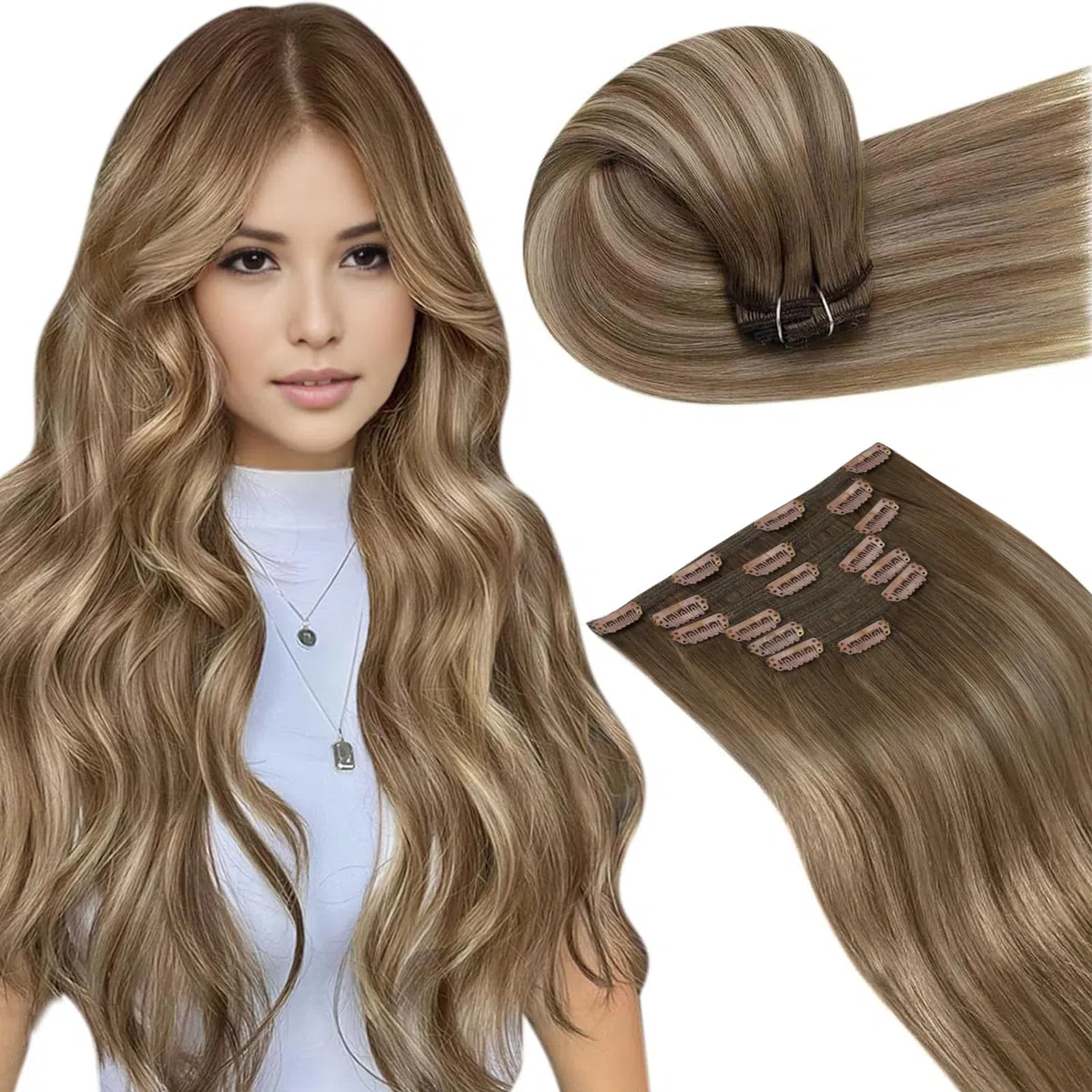 LaaVoo Extensiones de Clip de Pelo Natural Balayage Castaño Claro Extensiones Clip Castaño Claro Ombre Rubio Dorado Extensiones Pelo Natural Con Clip 45cm/18Pulgadas 7piezas/120g #8/16/8