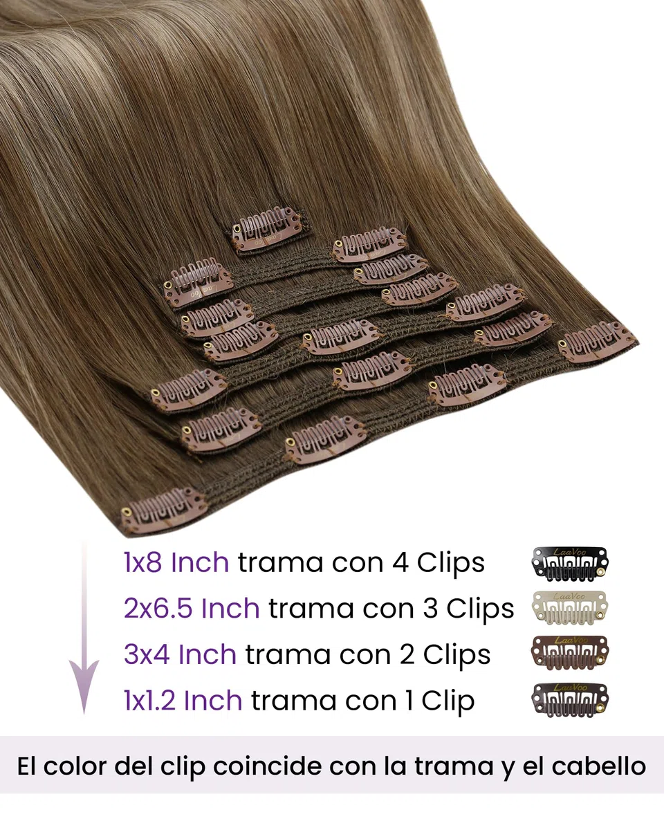 LaaVoo Extensiones de Clip de Pelo Natural Balayage Castaño Claro Extensiones Clip Castaño Claro Ombre Rubio Dorado Extensiones Pelo Natural Con Clip 45cm/18Pulgadas 7piezas/120g #8/16/8